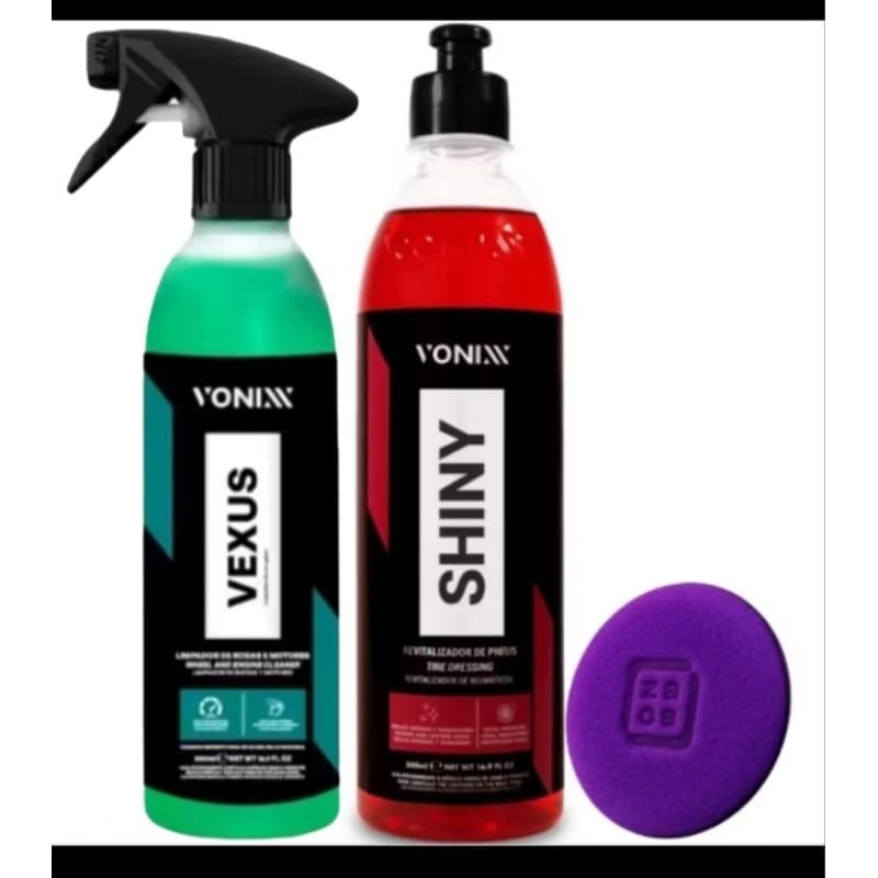 kit Rodas Vonixx - Shiny Revitalizador de Pneus 500ml + Vexus 500ml limpador de rodas e motores + Brinde