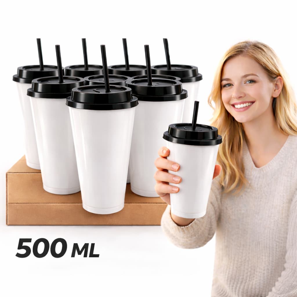 Copos Lisos Plástico 500ml Com Tampa e Canudo Resistente Atacado Revenda Shopee Promoção