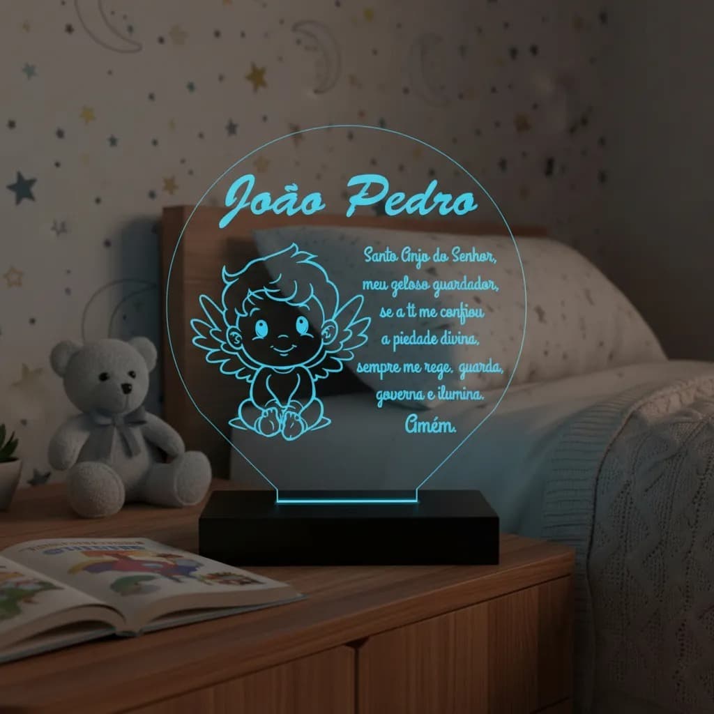 Luminária Led 3d | Santo Anjo Oração Menino | Abajur Presente Criativo Decoração
