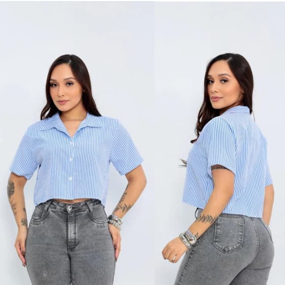 Camisa Listrada Femenino Manga Curta Croppde Elegante Lindo Blusa tendencia Botão Praia Verão M G GG