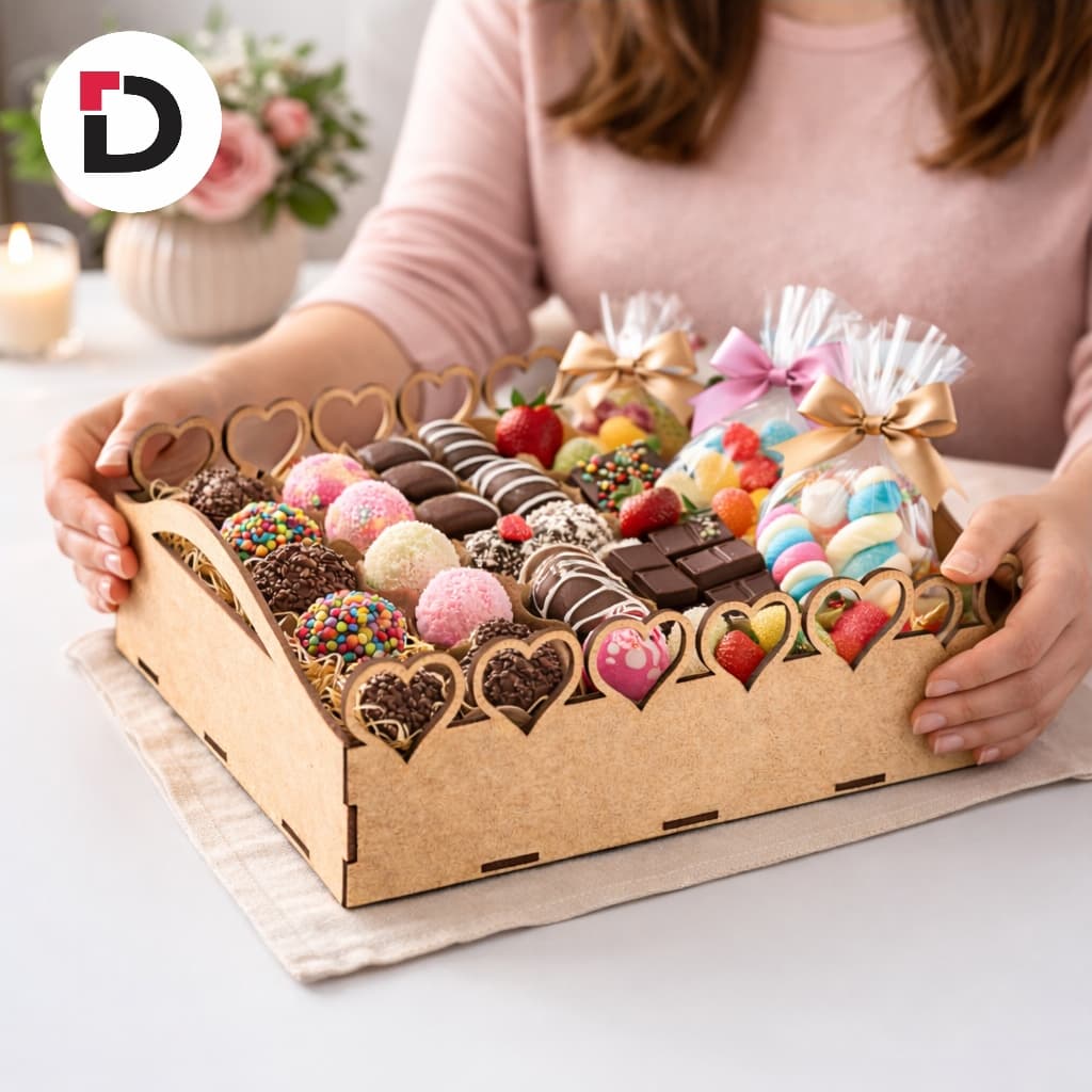 Kit Bandejas Coração Com Alça em MDF - Decoração Cesta Presente Café da Manhã dia dos Namorados