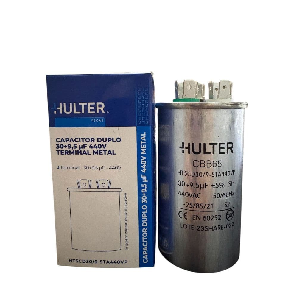 Capacitor de Partida Ar condicionado 30+9,5uf 440Vac Terminal Metal Duplo Split Midea Gree Elect