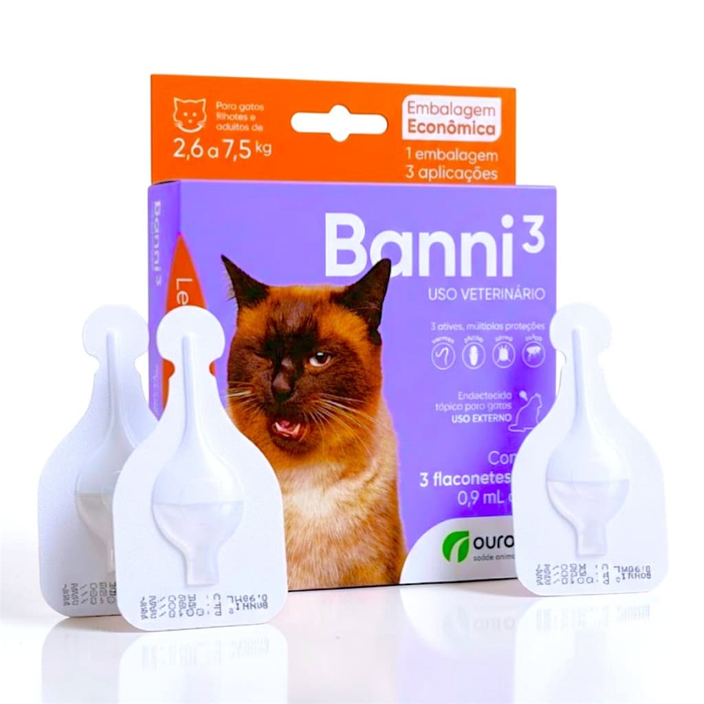 Banni 3 Gatos Antipulgas 0,9ml Kit 3 Pipetas 2,6 a 7,5kg Ourofino