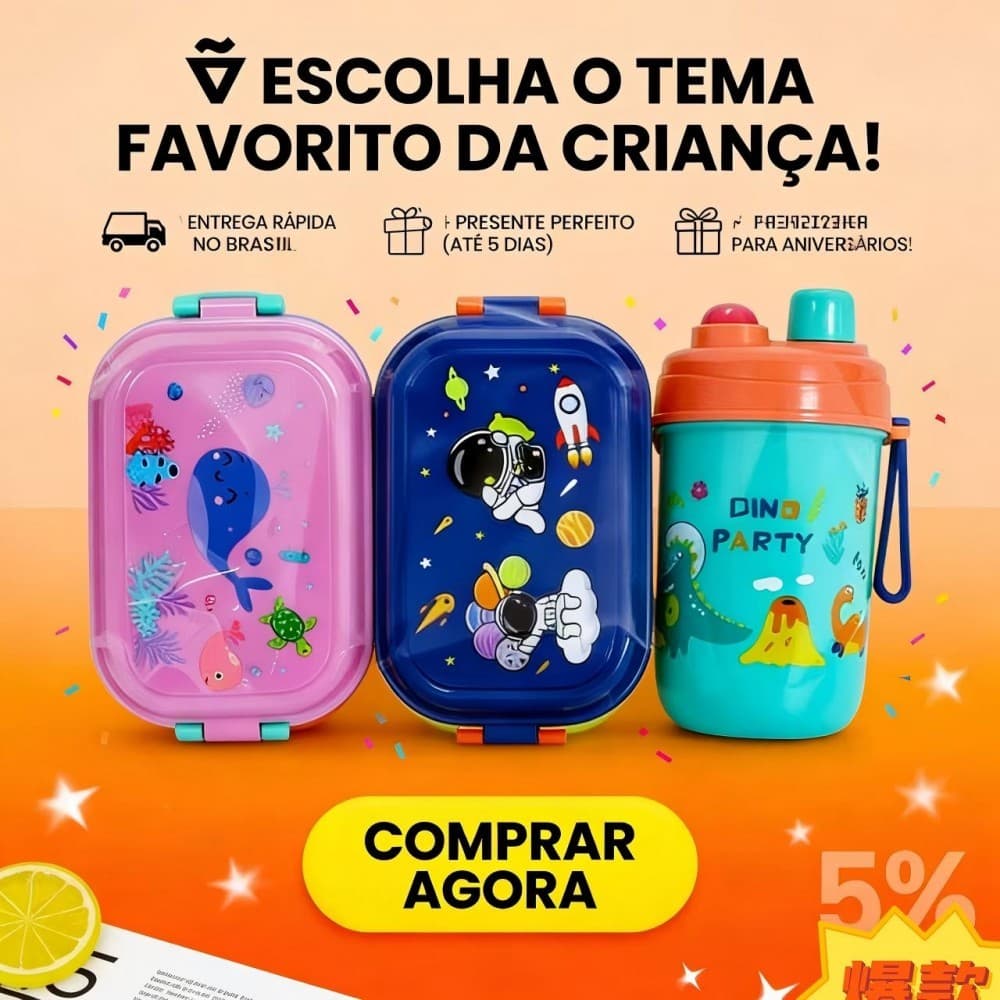 Kti  Design Astronauta Azul - Marmita Lancheira Infantil P/ Menina e Menino com Garrafa