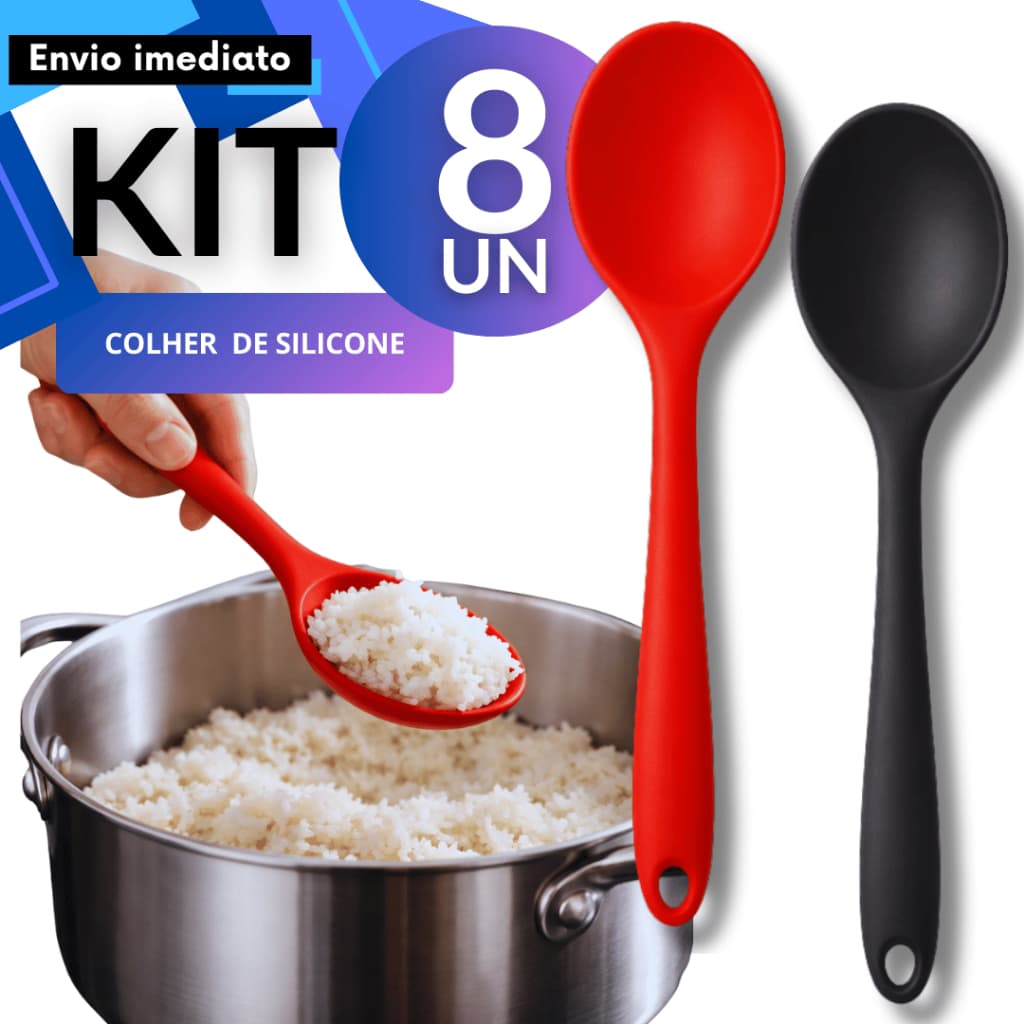 Kit 8 Colher Silicone 28cm Utensílios Cozinha Arroz Risoto Molhos Refogados Reposição Vermelho Preto