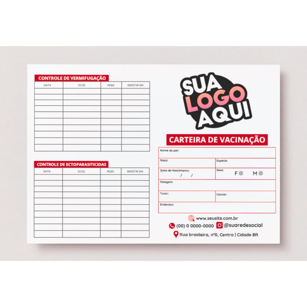 Carteiras de Vacinação Pet Personalizadas 8 Páginas | Para Clínica Veterinária e Pet Shop, 30, 60 e 120 unidades