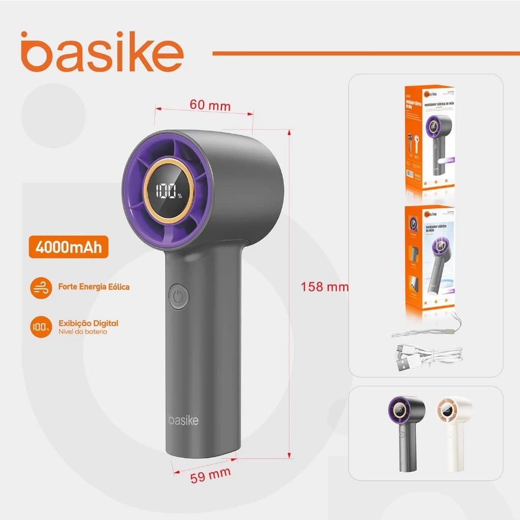 BASIKE 4000mah mini ventilador de mão 100 Velocidade do Vento de Engrenagem Display Digital Ventilador Ajustável