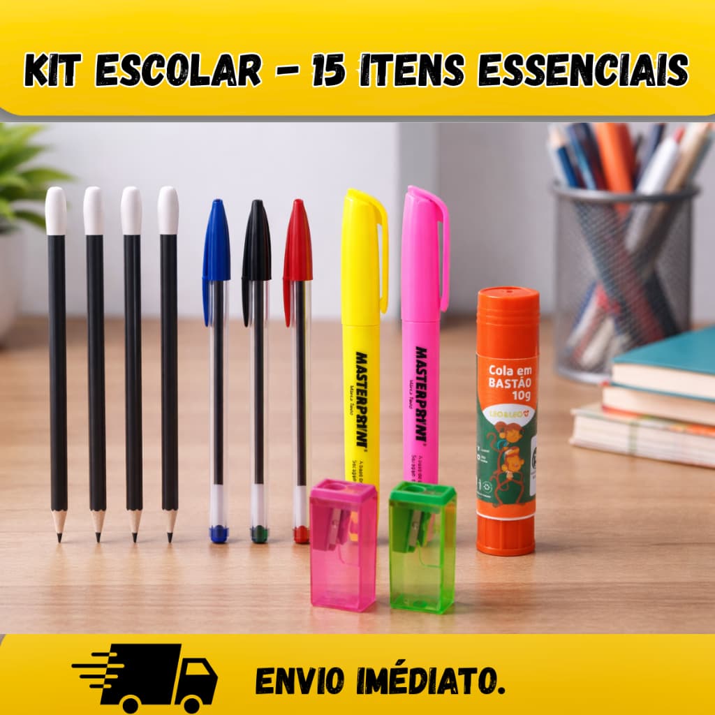 Kit Material Escolar 2026 Básico com 15 Itens Ensino Fundamental Médio Unissex Canetas Lapis Borracha Cola Apontador.