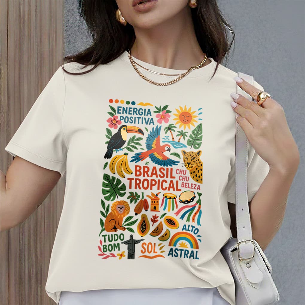 Camiseta Feminina Premium 100% Algodão Confortável Modelo: Brasil Tropical - Novidade e Promoção Especial Exclus