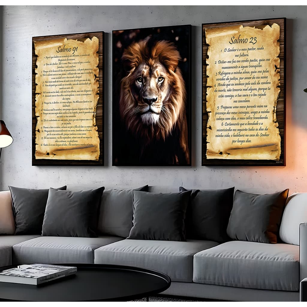 Quadros Decorativos 3 Peças Salmo 91 e Salmo 23 Leão de Judá Sala Quarto Escritório Religioso