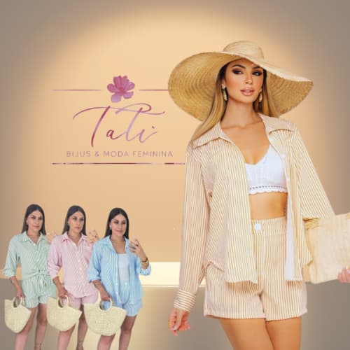 Conjunto Camisa de Botão e Short Feminino Listrado Lançamento Verão com Manga Longa