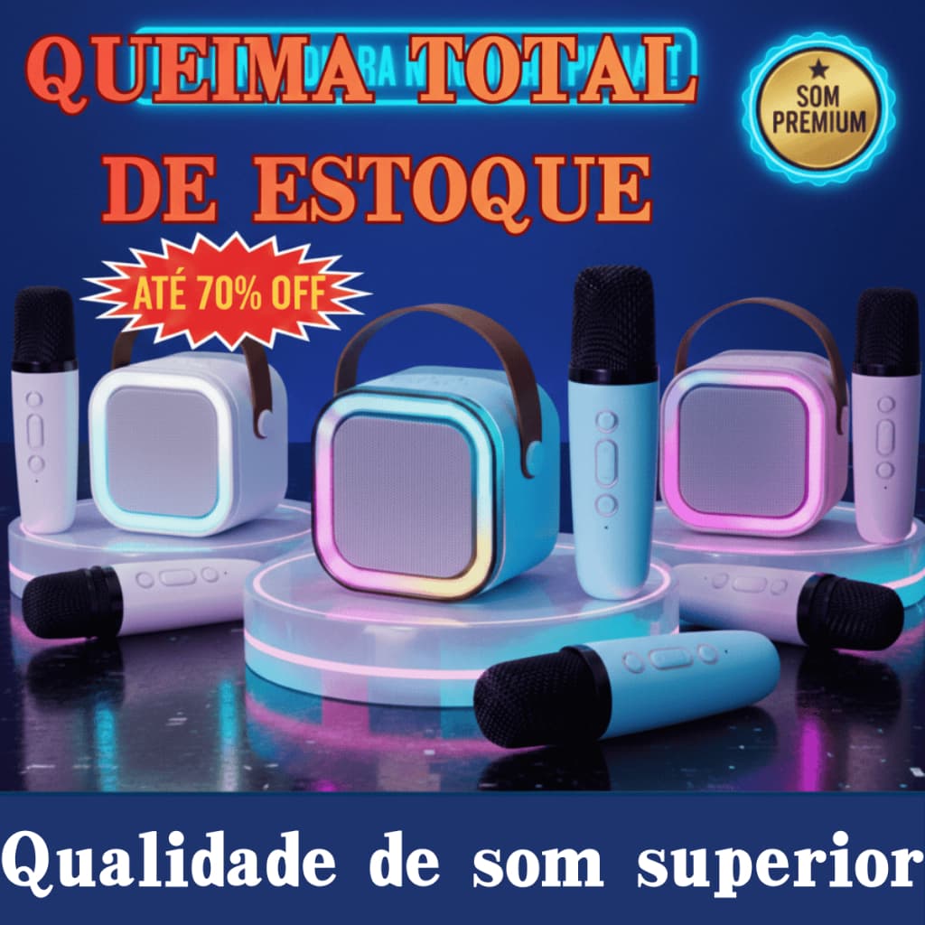 Caixa de Som Karaokê Portátil c 2 Microfones e Luz RGB Bateria Recarregável Kit Festa Completo