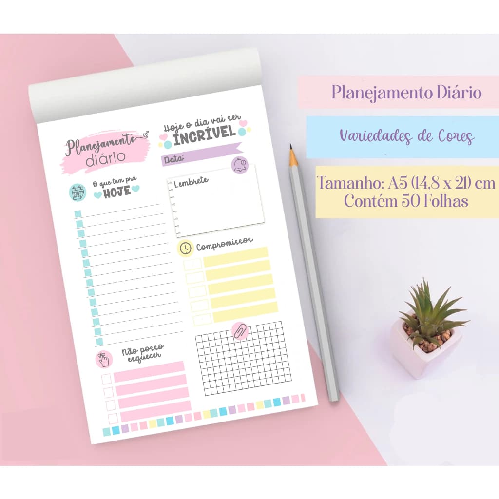 Planner Diário Bloco Planejamento diário notas 50 folhas A5 - 14x21cm  Organize seu dia