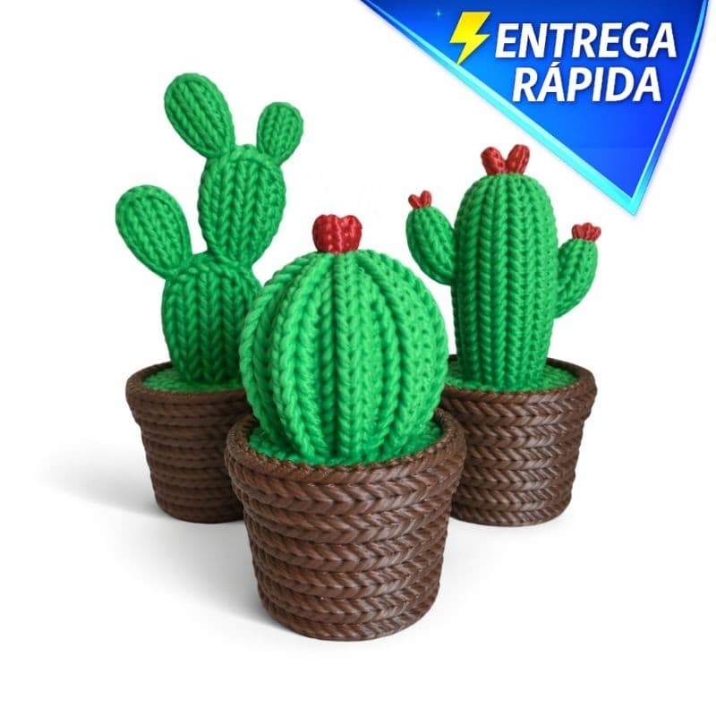Cactos Decorativos Impressão 3D – Kit 3 Unidades efeito Crochê