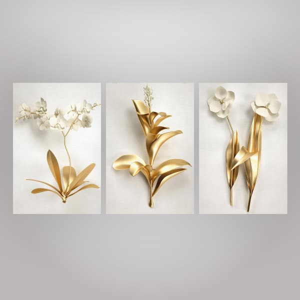 Quadros Decorativos Trio Flor Flores  Branca Dourada Abstrato Luxo Sala Quarto Cozinha Kit 3 Grande
