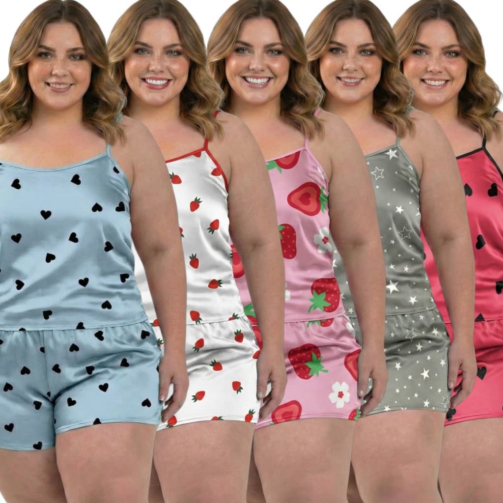 Kit 5 Conjuntos Plus Size Baby Doll Short Doll Pijamas Sem Bojo Conjunto Pijama Feminina Premium