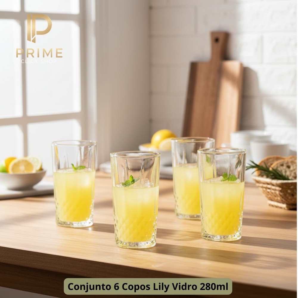Jogo 6 Copos Lily Vidro Canelado 280ml Água Suco Refresco Vidro Jantar Mesa Posta✨