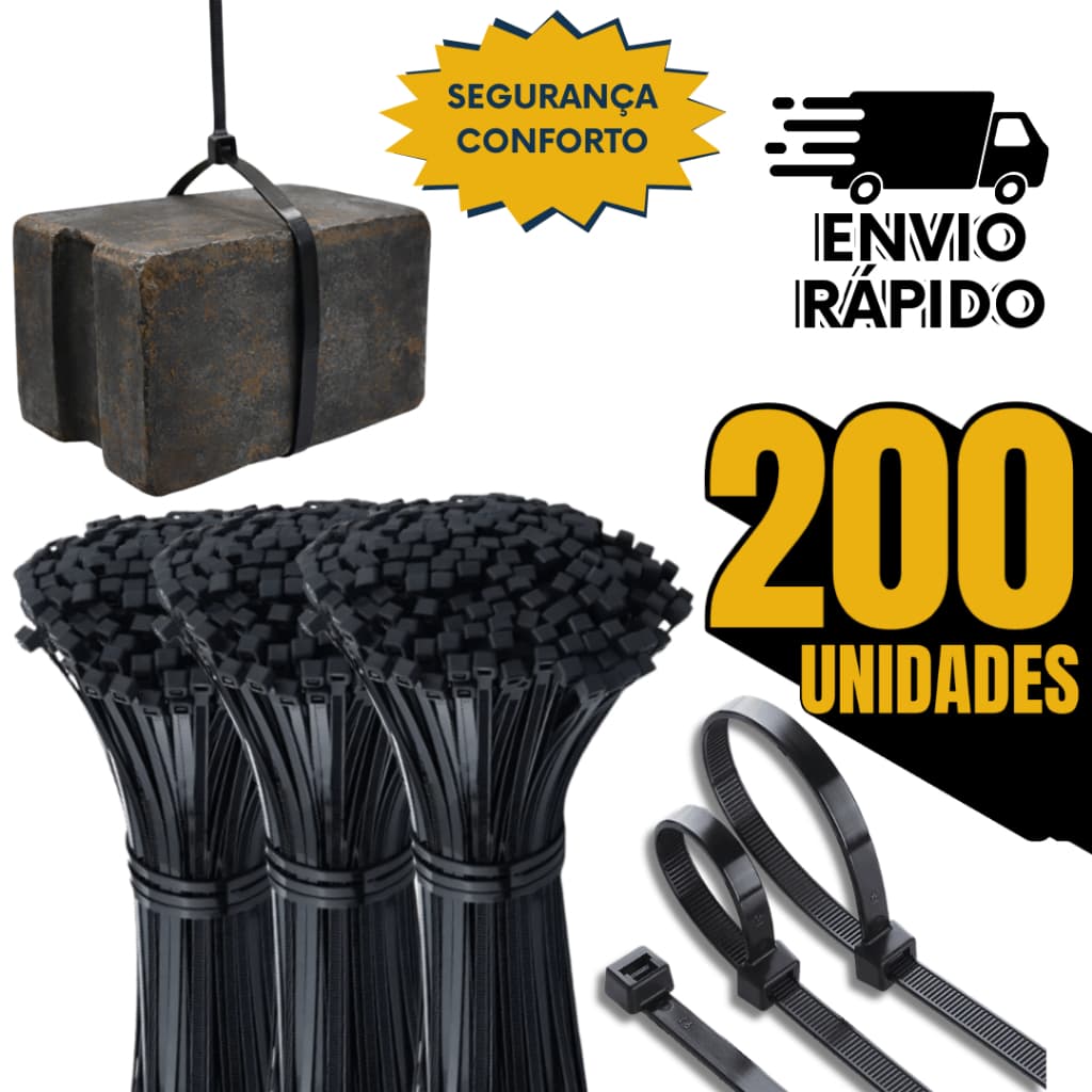Conjunto 200 Abraçadeira Nylon Enforca Gato Preta 4,8x200mm Plásticas Presilhas Cintas Abraçadeiras