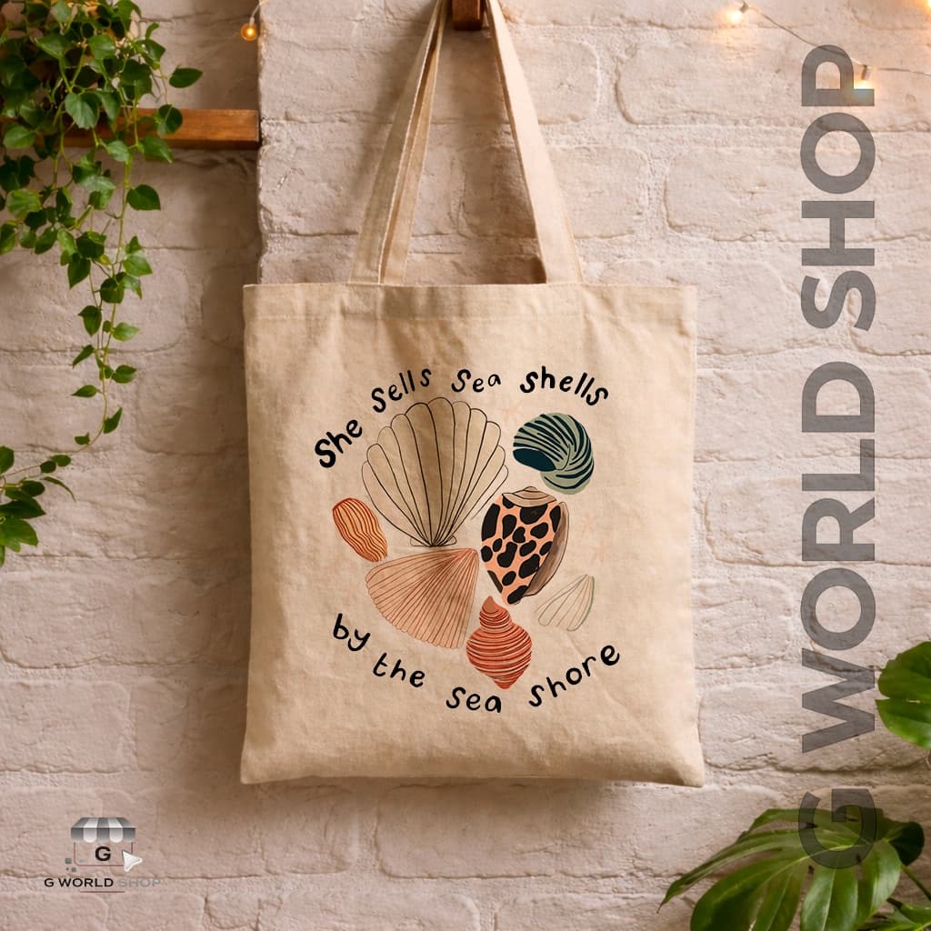 Bolsa Ecobag Sacola Ecológica Estampada Moda Praia Verão Conchas Coloridas She Sells Sea Shells Linda Bolsa Feminina