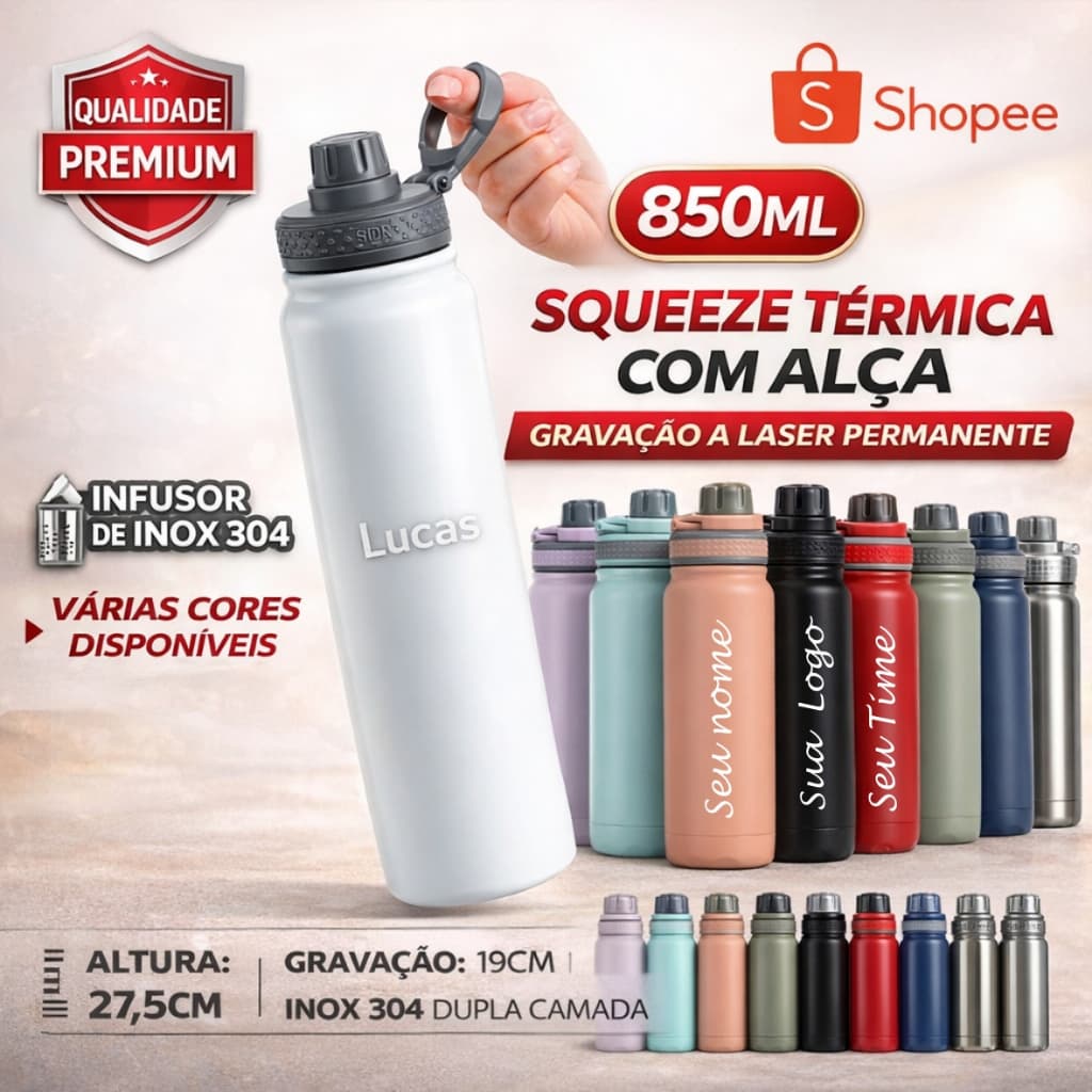 Squeeze Garrafa Térmica Preta 800ml Personalizada com Nome Esportiva Inox Ideal Trabalho Academia Escritório e Viagens B