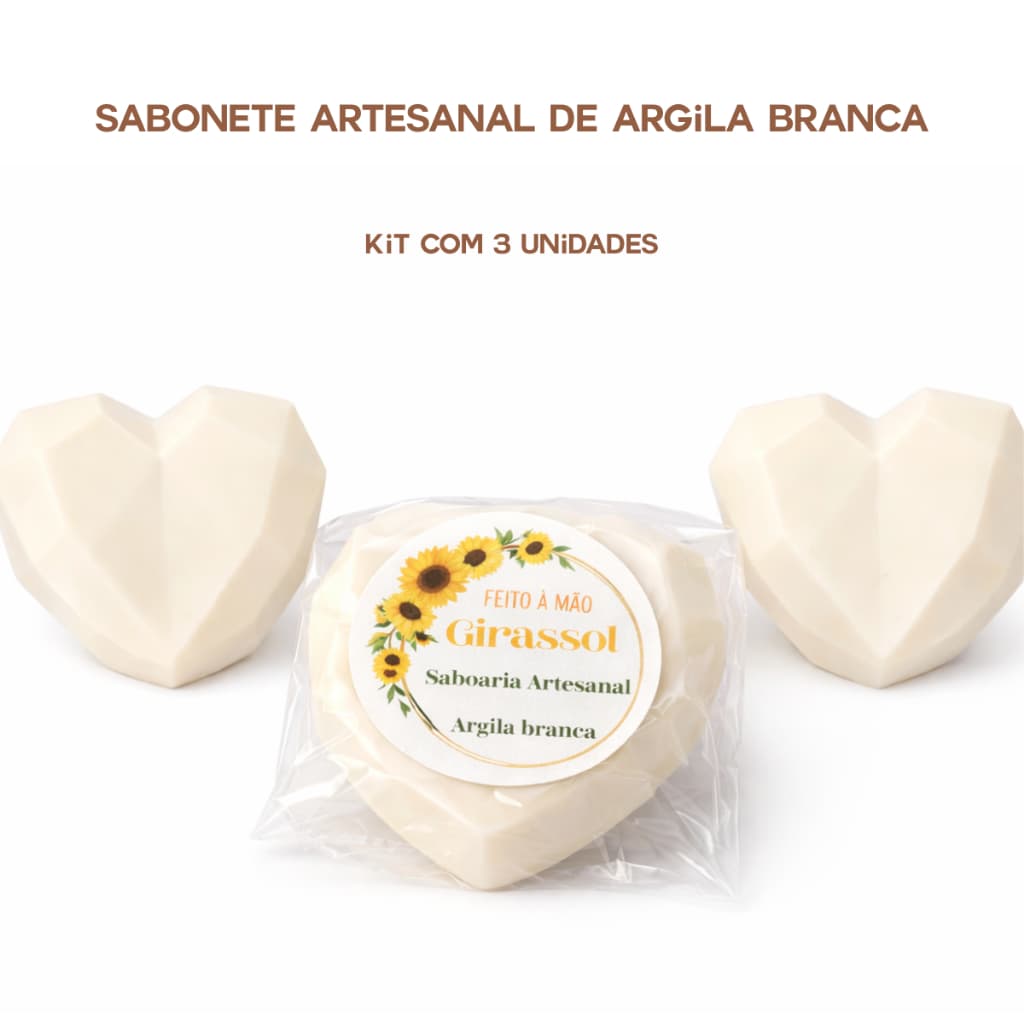Kit 3 Sabonetes de Argila Branca 45g | Artesanal Clareador Acne Limpeza Profunda | Girassol Saboaria Artesanal