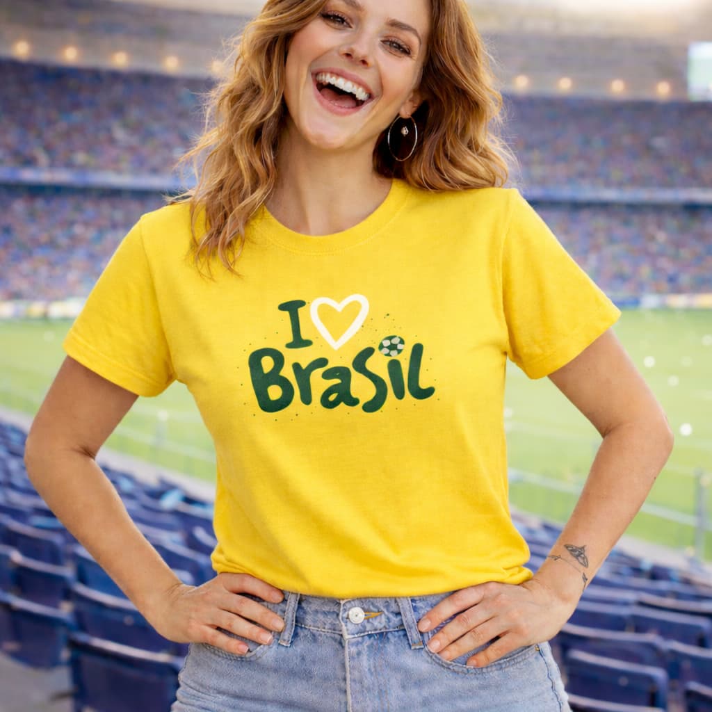 Camiseta Feminina Brasil 2026 Torcida Futebol Estampa Copa Look Torcedora
