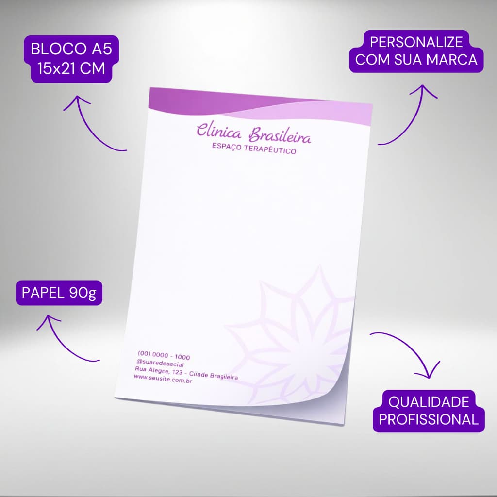 Bloco Personalizado A5 50 Folhas 15x21cm - Receituário e anotações, Qualidade Profissional, 40, 60 e 80 unidades