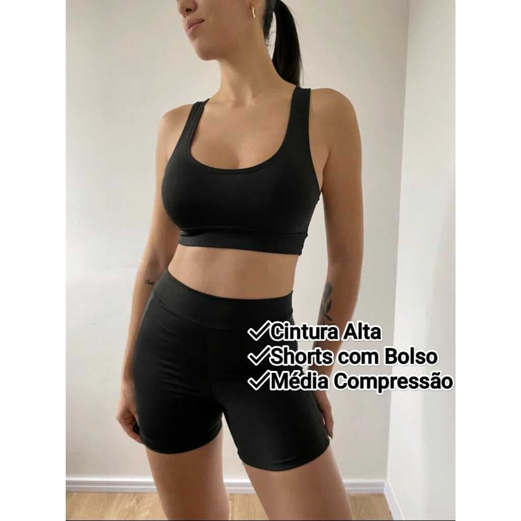 Conjunto Fitness Feminino Preto Cintura Alta Short com Bolso Suplex Top Nadador Compressão Academia