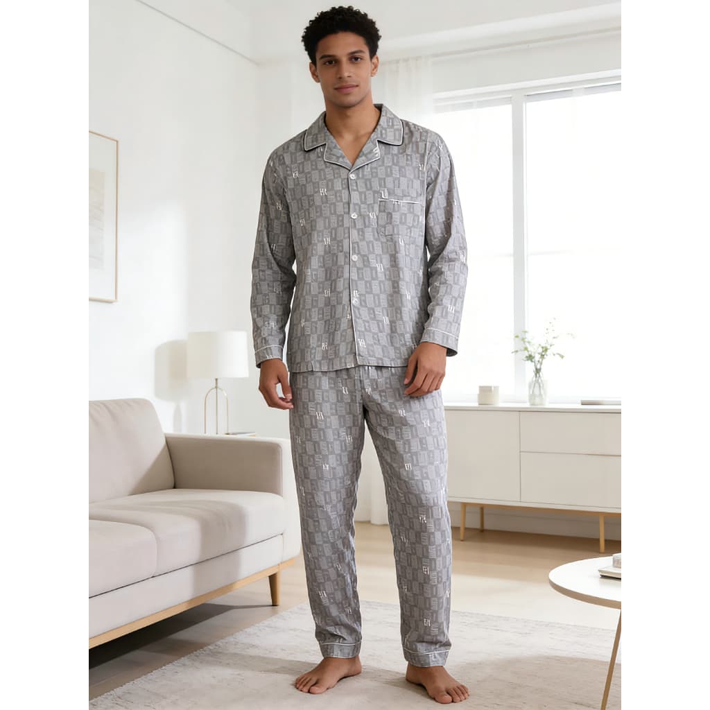 Pijama conjunto masculino comprido confortável, estampa moderna para casa e todas as estações