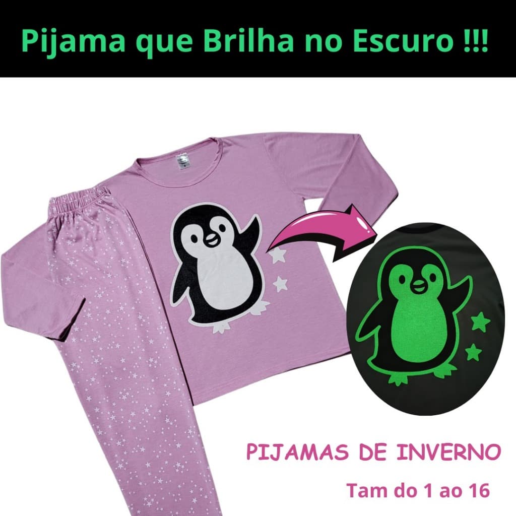 Kit 6 peças (3 conjuntos) Pijama Inverno Infantil Juvenil Menina Brilha no Escuro 1 ao 16