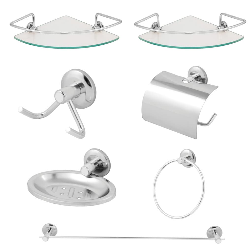 Kit Acessórios Para Banheiro Inox 5 peças com 2 Porta Shampoo Canto Vidro