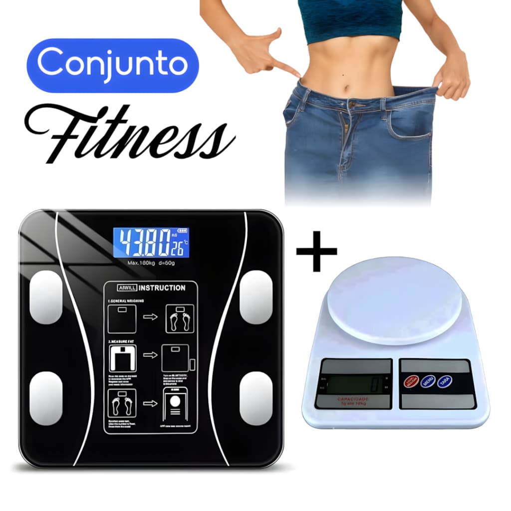 Kit Balança Bioimpedância + Balança de Alimentos Digital Aplicativo Medidora Corporal Fitness