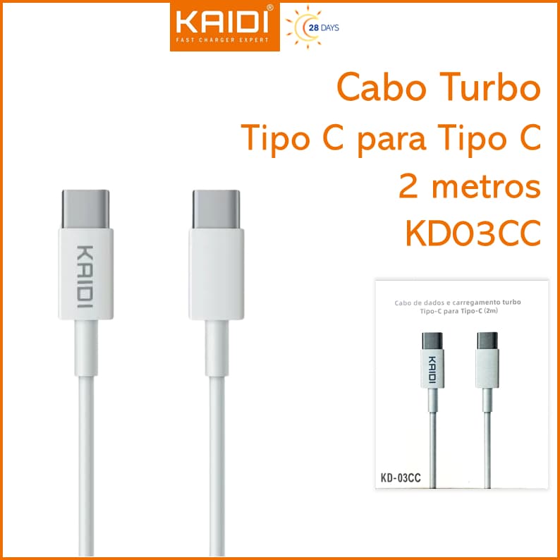 Cabo para Celular de Dados e Carregamento Tipo C para Tipo C 2m KAIDI KD-03CC