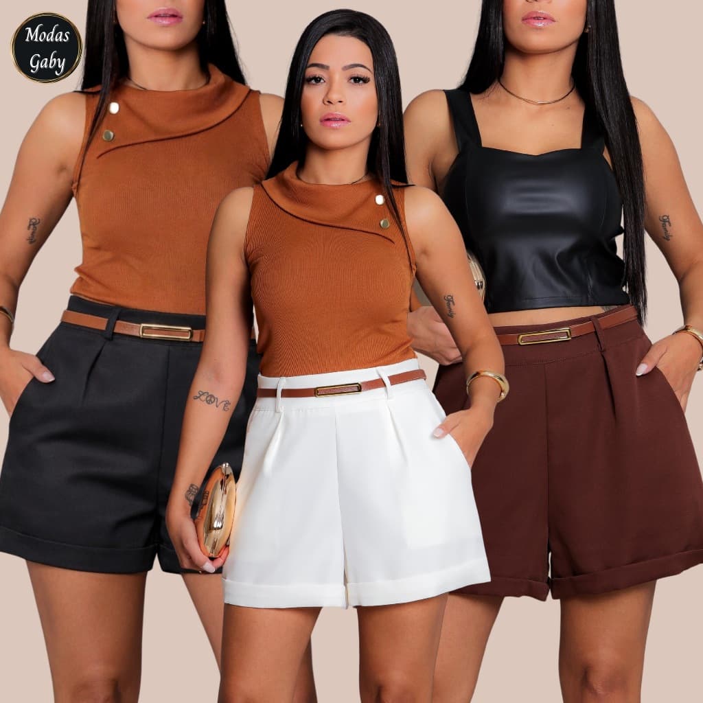 Short  Alfaiataria Feminino Premium com Cinto - Ziper Lateral e Bolsos Funcionais