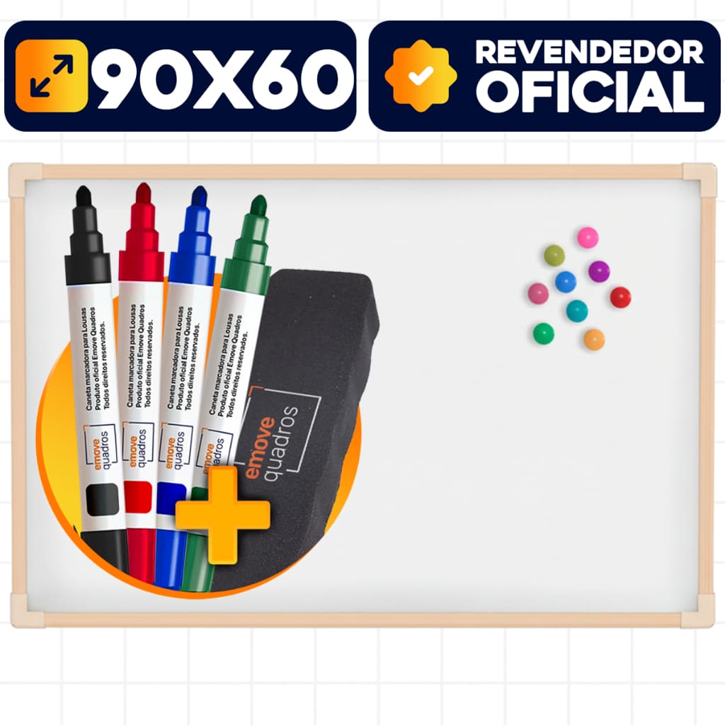Lousa Quadro Branco Magnético 90x60 Madeira + 4 Canetas Apag
