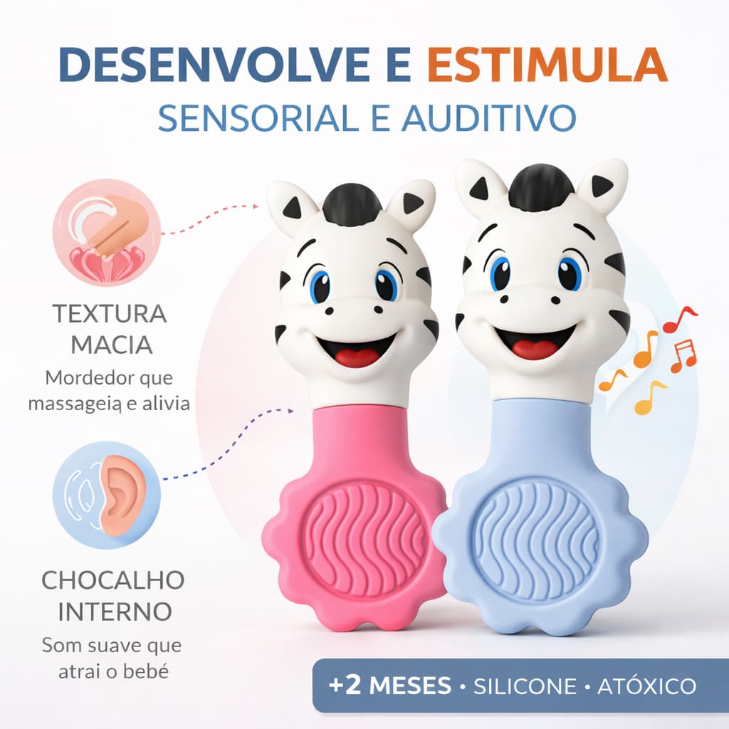 Mordedor Chocalho Bebe Zebrinha Macio BPA Free Sem Ftalatos Sensorial Massageador Gengiva Dentição 2 Meses INMETRO