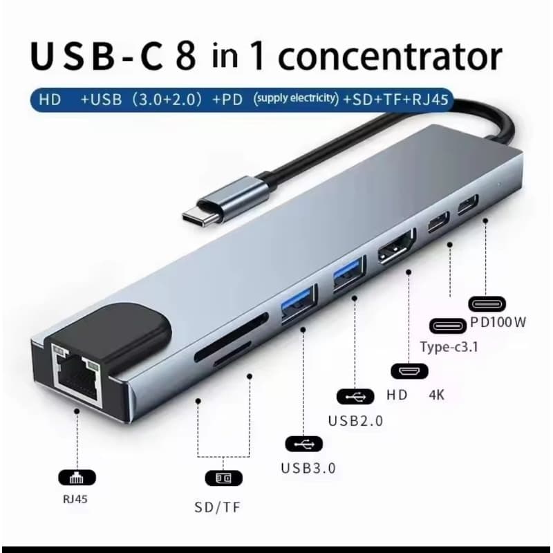 Hub USB C 8 em 1 HDMI 4K RJ45 USB 3.0 PD SD TF Aluminio