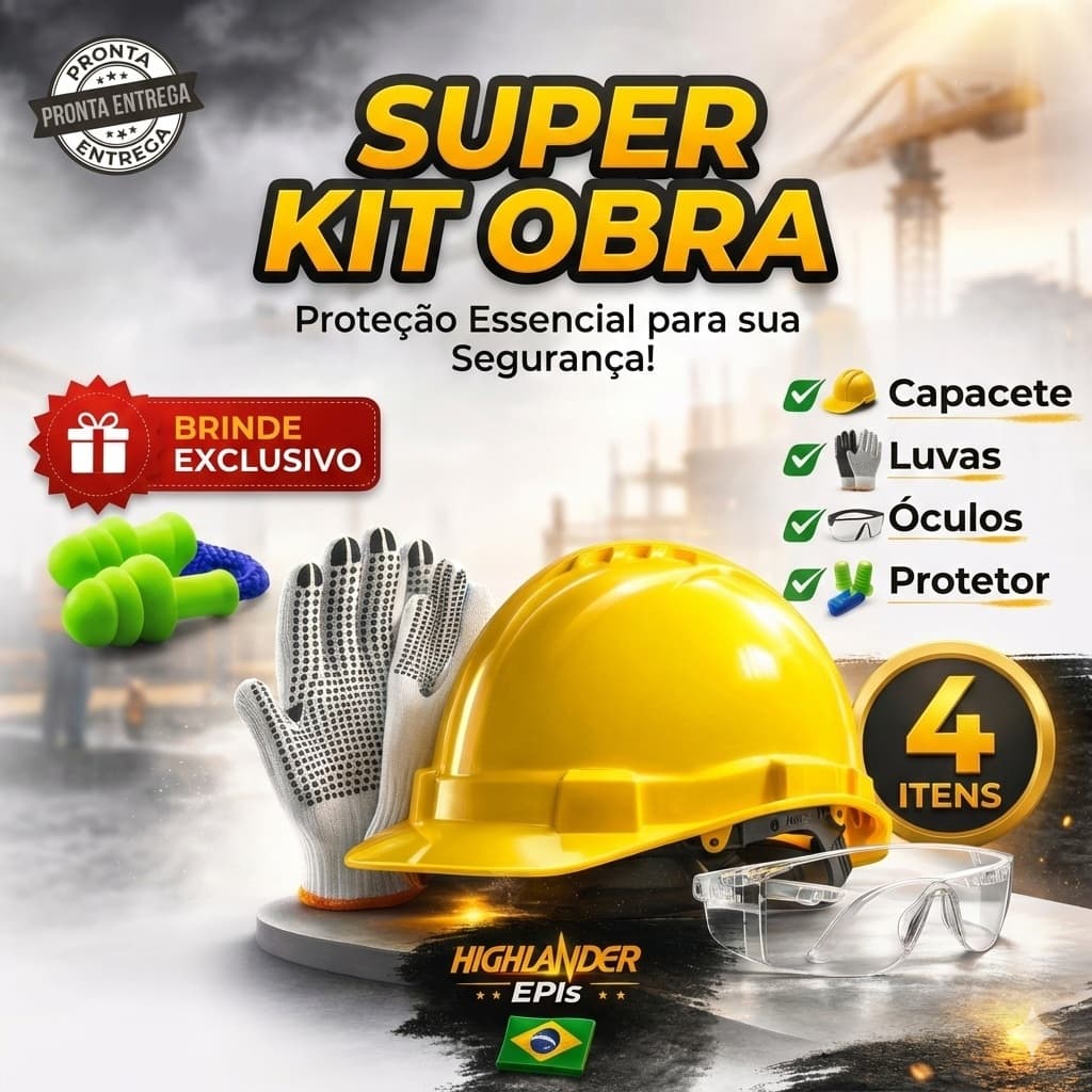 KIT OBRA - PEDREIRO SERVENTE - EPIs - GANHE BRINDE: PROTETOR PLUG - CONTÉM: CAPACETE, ÓCULOS, LUVA