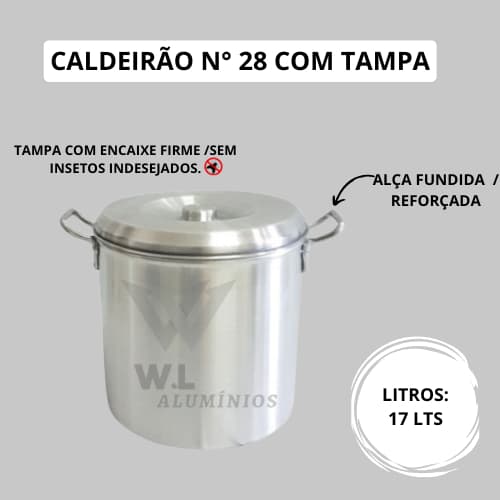 Caldeirões de Alumínio Reforçado Nº 28– Tipo Hotel – Latão com Tampa para Armazenar Carne e Banha