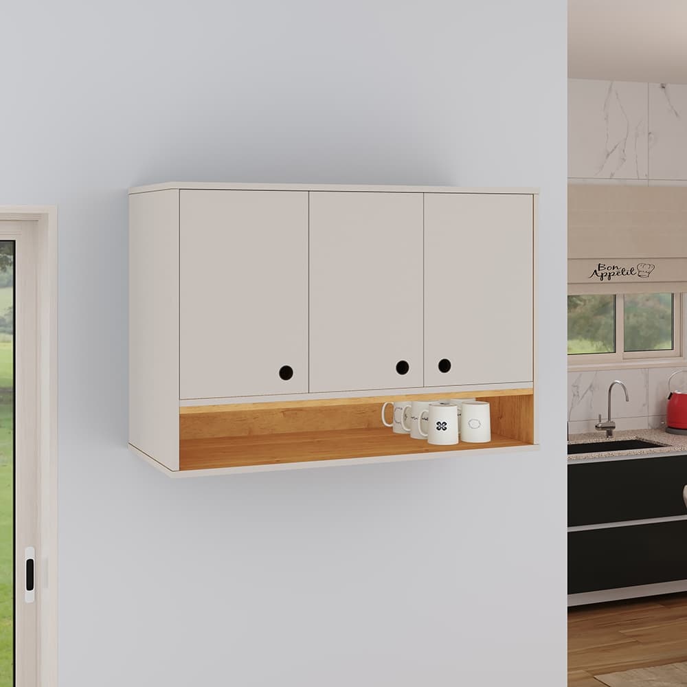 Armário Aéreo 3 Portas Com Nicho Organizador E Prateleiras Multiuso Jessica Off White Cinamomo