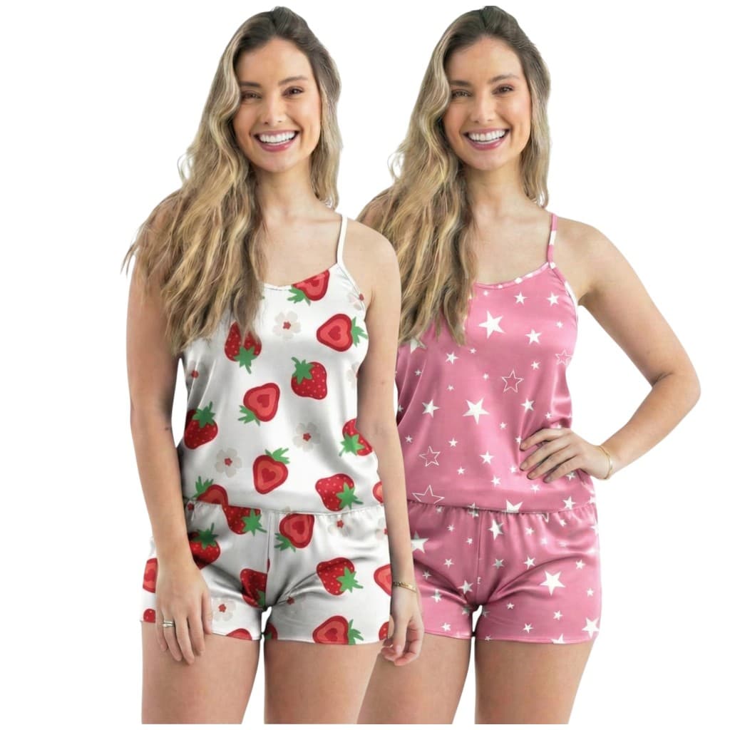Kit 2 Conjuntos Baby Doll Short Doll Estampado Sem Bojo Original Pijama Conjunto Feminino