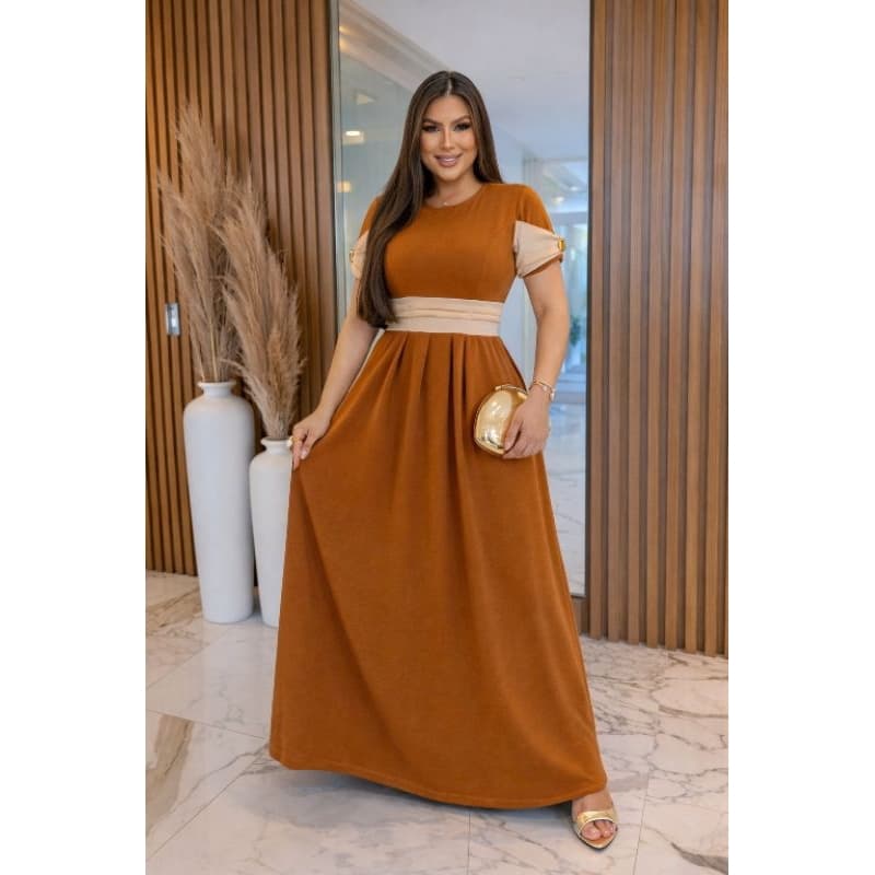 Vestido Longo Moda Evangélica com Faixa, e Manga Curta – Elegante