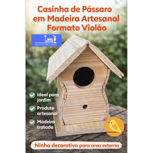 Casinha ou ninho de Pássaro em Madeira Formato Violão