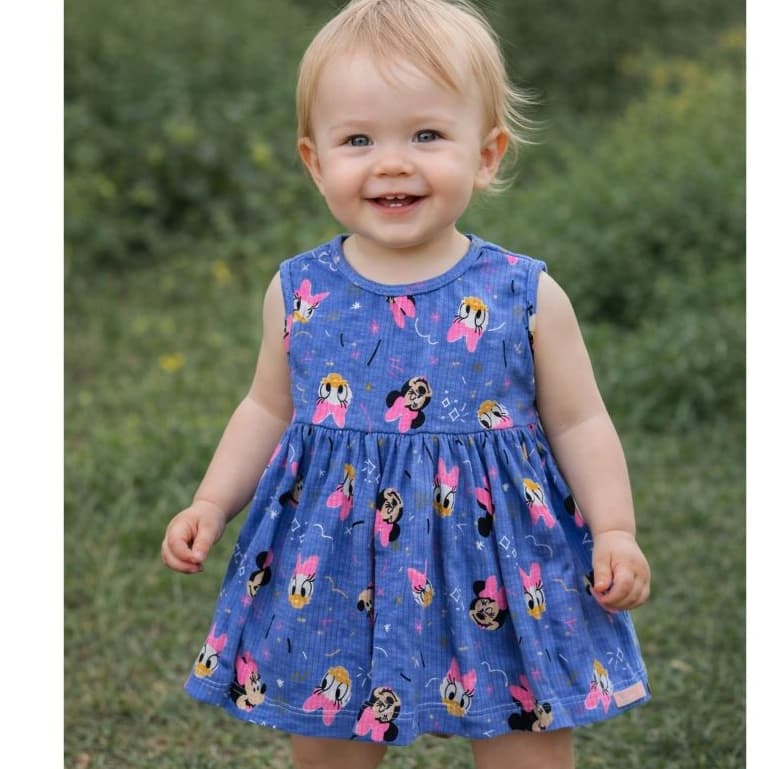 VESTIDO FRESCO MINNIE, VESTIDINHO DE MALHA CANELADA PARA BEBÊ, FRESQUINHO ESTAMPADO DE MINNIE E PATA COM LAÇO