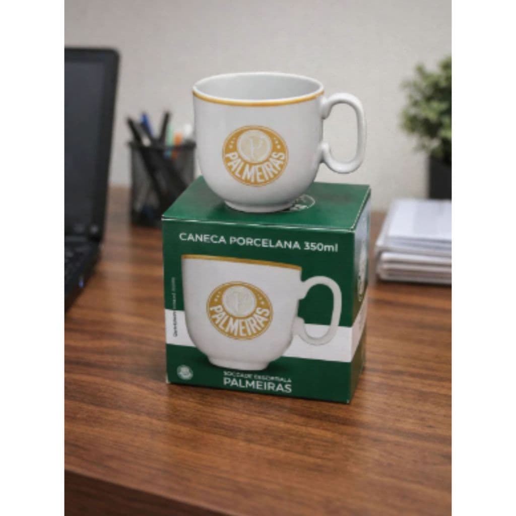 Caneca Porcelana Palmeiras Dourada Luxo 350ml Oficial Branco Palmeiras