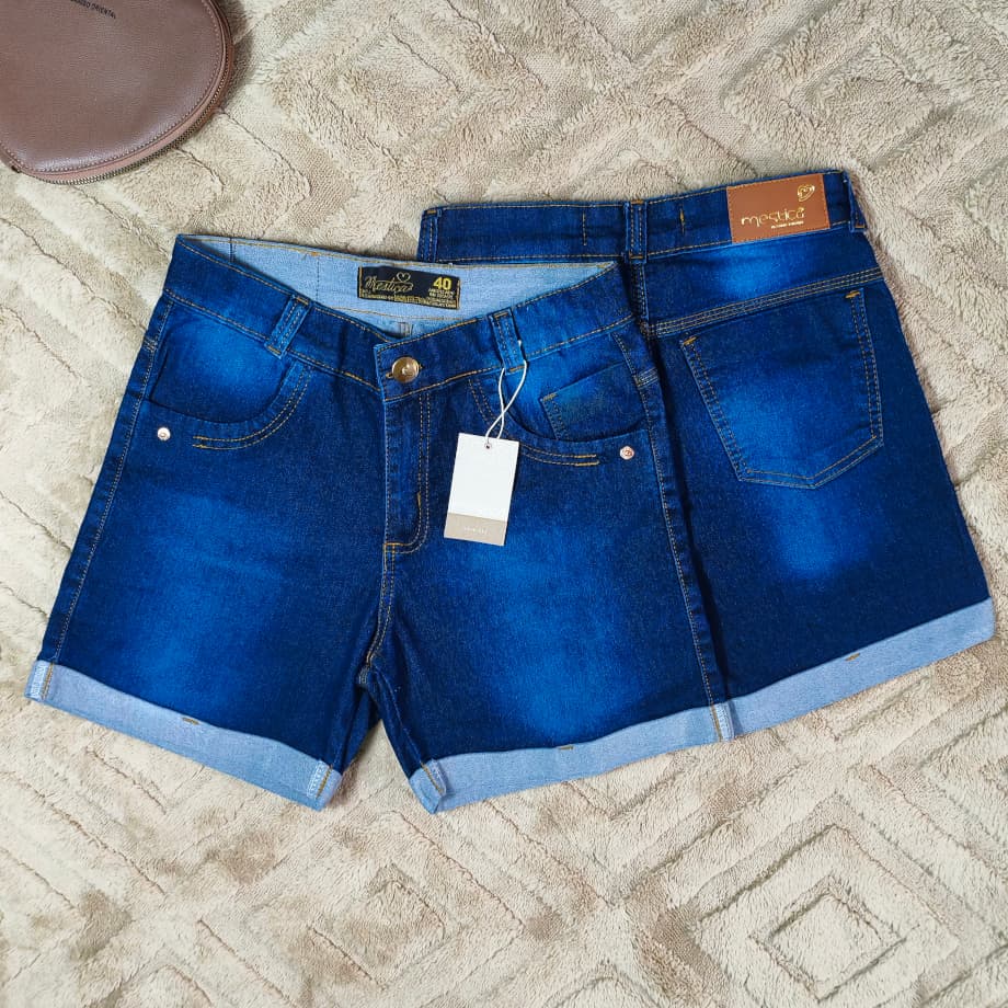 SHORTS FEMININO MEIA COXA JEANS CINTURA ALTA COM BARRINHAS VIRADA COM BOLSO NA FRENTE FUNCIONAIS