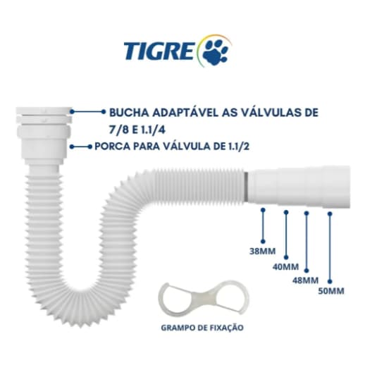 Sifão Universal Sanfonado Flexível Tubo Pia Cozinha Banheiro Lavatórios Tanques 66cm Branco Tigre