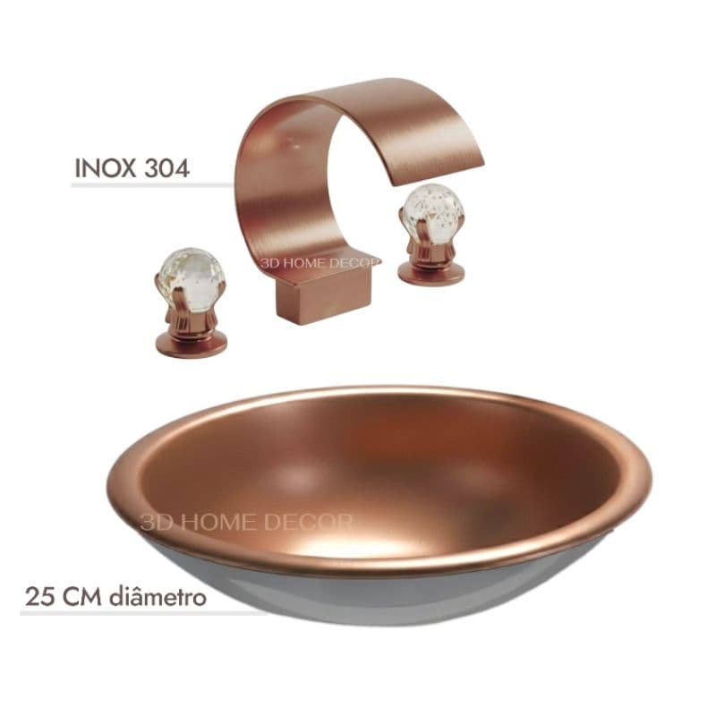 Cuba com Torneira Monocomando Rose Gold Premium Torneira Cristal Rose Cuba Inox 25 CM Rose Gold Bancada