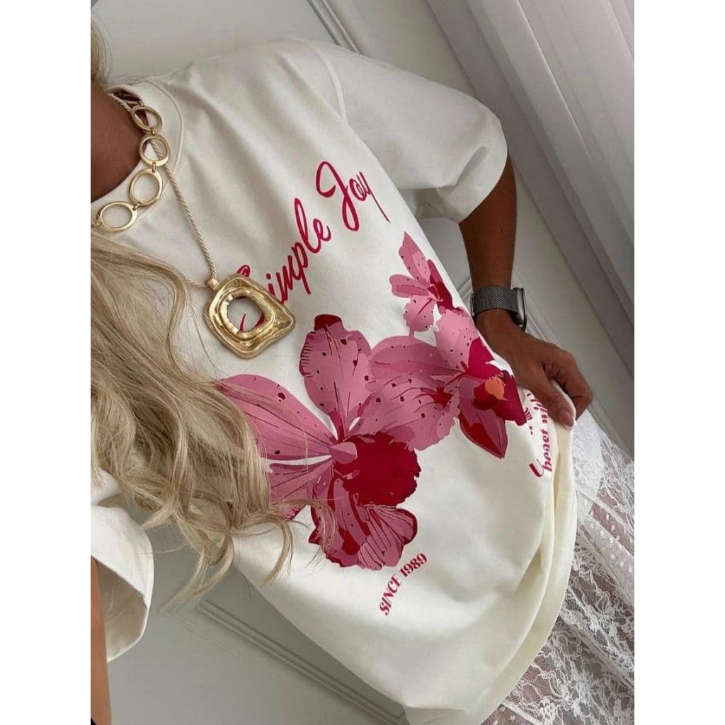 Camiseta Feminina Flor Frase T-shirt Over Malha Premium 100% Algodão - Tendência