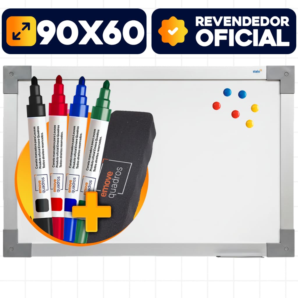 Quadro Branco 90x60cm Magnético Com Imãs Moldura Soft Alumínio Lousa Branca + 4 Canetas + Apagador
